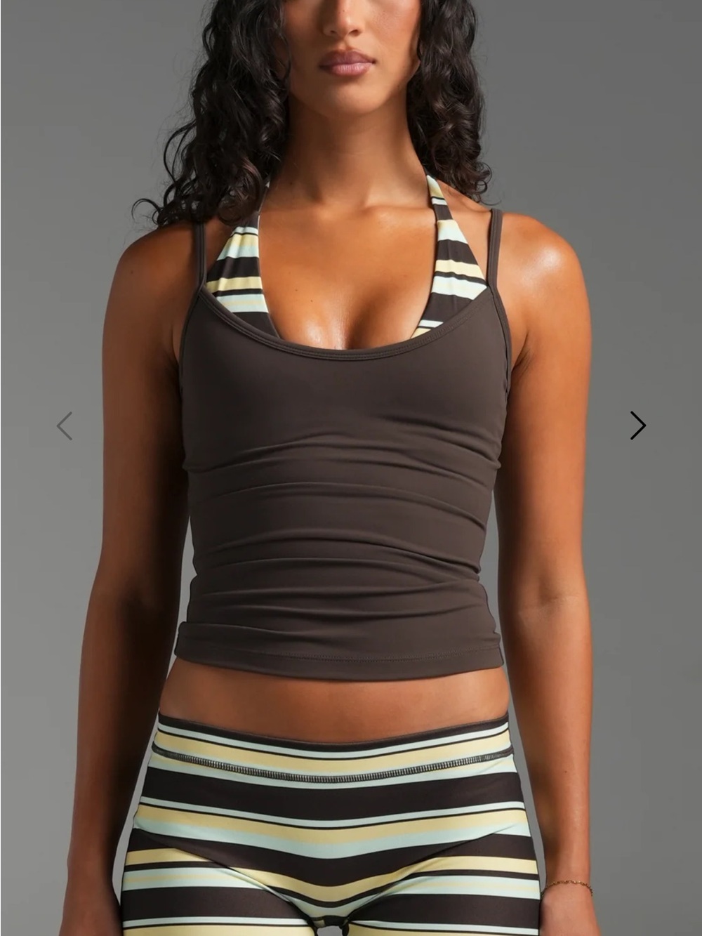 Sleeveless Chocolate Brown Layered Tank with Striped Trim and fold over leggings